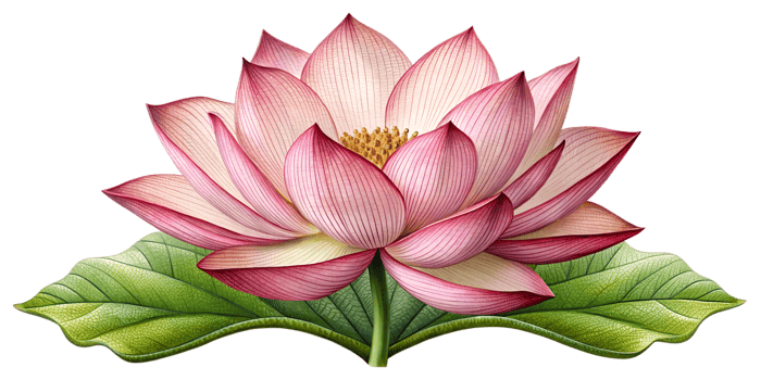 Beautiful pink lotus flower bloom with green leaves in springtime, cut out transparent png