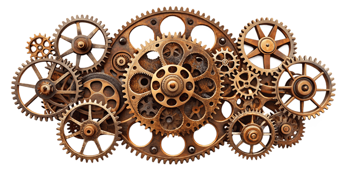 Intricate arrangement of vintage gears and cogs on a white background, cut out transparent png