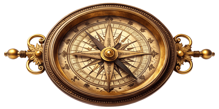 Antique compass with intricate design resting on a wooden table, cut out transparent png