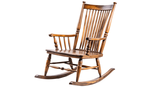 A vintage wooden rocking chair displayed in a bright setting, cut out transparent png