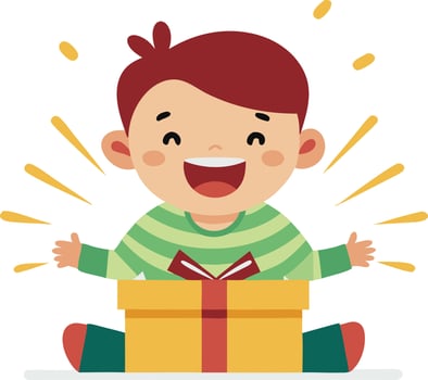Happy Child Exclaims With Joy While Unboxing Surprise Gift vector