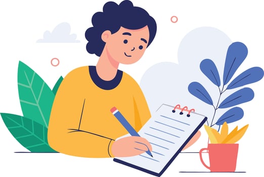 Person Writing Notes at a Desk Surrounded by Plants vector
