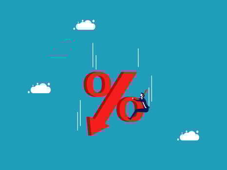 businessman is hanging from a red arrow with a percent sign vector