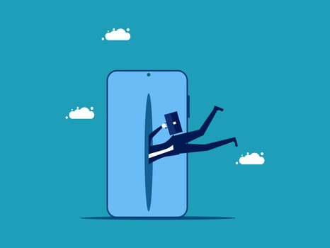 businessman falling out of a phone, flat design illustration vector