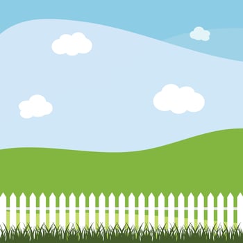Summer landscape. Grass and a white fence against a blue sky with clouds. vector