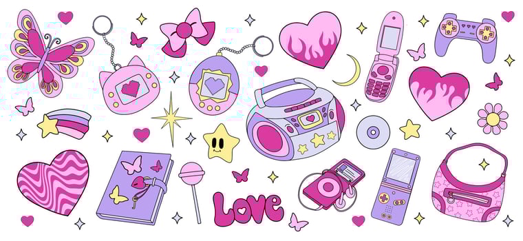 Y2k pink stickers set. Cute elements for girl. vector