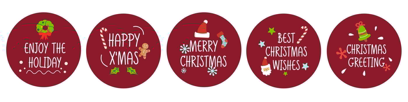 Collection of five Christmas and New Year cute ready-to-use gift tags or badge Set of 5 printable hand drawn holiday label in red circle seasonal badge design vector