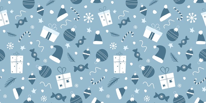 Seamless pattern with festive winter ornament with gifts, Christmas balls, snowflakes. vector
