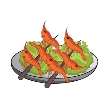 shrimp skewer on plate illustration vector