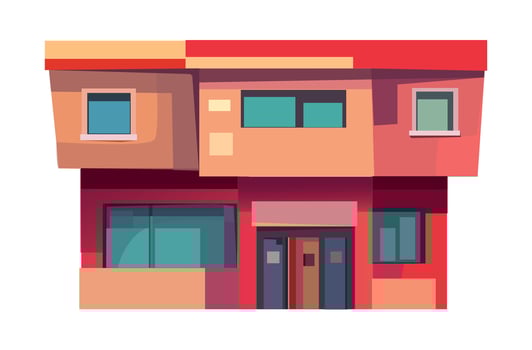 Colorful house flat illustration depicting a building exterior with windows and doors vibrant colors vector