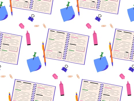 Seamless pattern featuring an open notebook with text and stationery items. illustration for educational designs, school supplies, and academic backgrounds vector