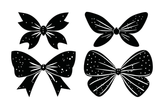 Bow ribbons and butterflies with vintage stipple effect, y2k coquette collage design linocut flat illustration vector