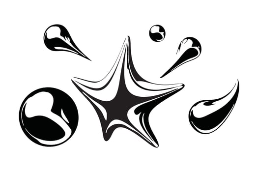 3d chrome metal organic fluid shapes and stars. Abstract liquid mercury metallic icon flat illustration. vector