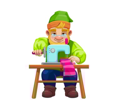 Cartoon gnome character sews clothes on machine vector