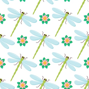 Dragonfly colorful seamless pattern. Repeating dress textile print with damselfly insects. Close up water dragonfly. vector