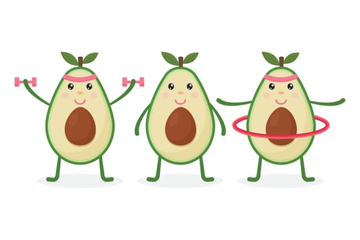 Cute Avocado take exercise. Eating healthy and fitness. Funny food cartoon character set isolated on background. vector
