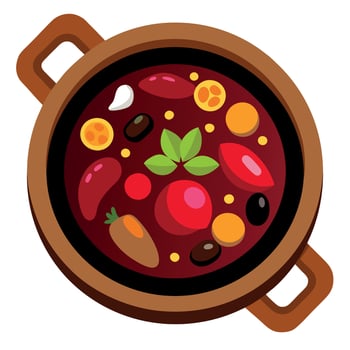 Close up top view of stone soup with red beans potatoes chorizo and black pudding in a wooden tray vector