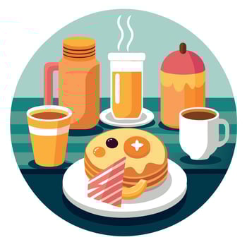 Cozy breakfast with pancakes. croissants. bacon. coffee. and orange juice on a rustic table setting. vector