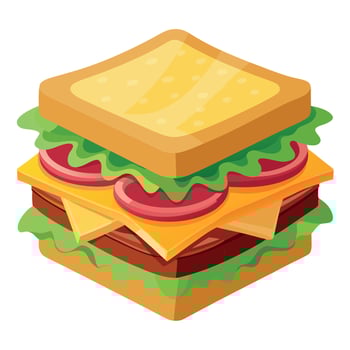 Delicious layered sandwich featuring crispy bacon. melted cheese. and fresh vegetables on toasted br vector