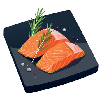Two salmon fillets. raw. on a black slate cutting board Topped with rosemary sprigs and a dusting of vector