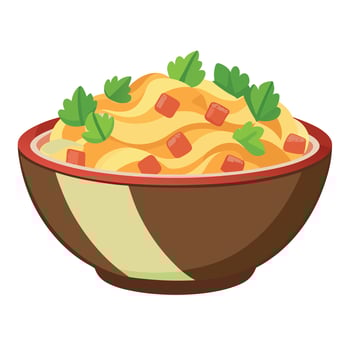 A closeup view of a bowl filled with a traditional German potato salad. featuring crispy bacon and f vector