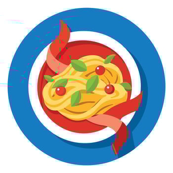 Delicious pasta with crispy bacon and herbs on a white plate. set against a red and blue background vector