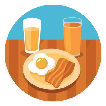 A plate of bacon and eggs sits on a wooden table next to a glass of orange juice. The plate is white vector