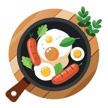 Delicious breakfast with fried eggs. sausages. herbs in a skillet on a rustic wooden table. Top view vector