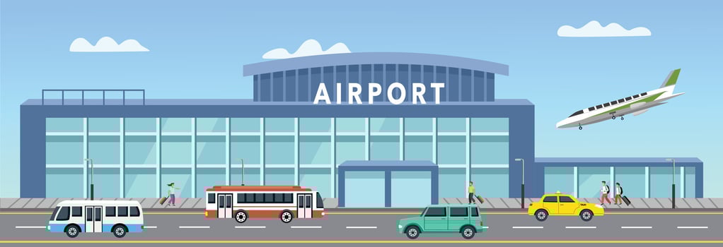 In front of airport. Airport facade. Airport activity. Road in front of airport. vector