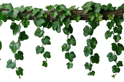 Branch with green ivy grapevines hanging down against transparent background, png