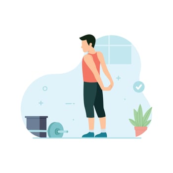 Man doing shoulder stretching in gym. Workout and exercise illustration vector