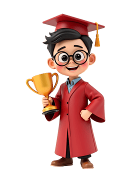 A cartoon boy in a graduation gown holding a trophy png