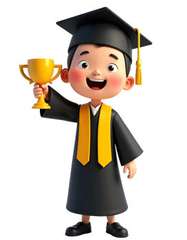 A cartoon boy in a graduation gown holding up a trophy png