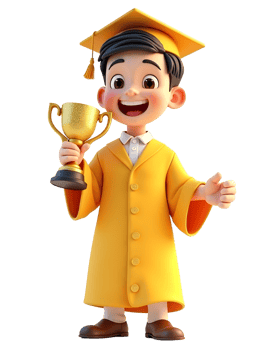 A 3d cartoon boy in a graduation gown holding a trophy png