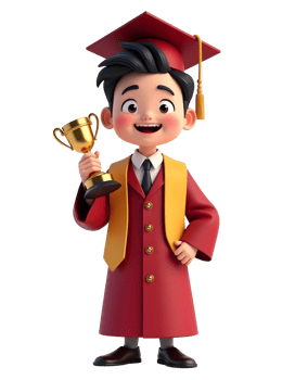 A 3D cartoon child with a graduation dress holding a trophy png
