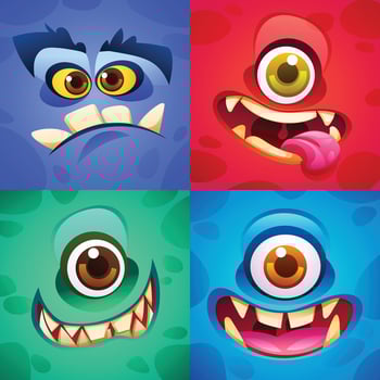 Set of playful cartoon monster faces with big eyes and funny expressions. Cartoon illustration vector