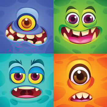 Collection of four funny and quirky cartoon monster faces with unique features. Cartoon illustration vector