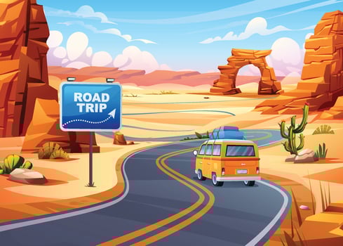 Road trip vacation by car through curvy desert road, past rock formations and road signs. Cartoon illustration vector