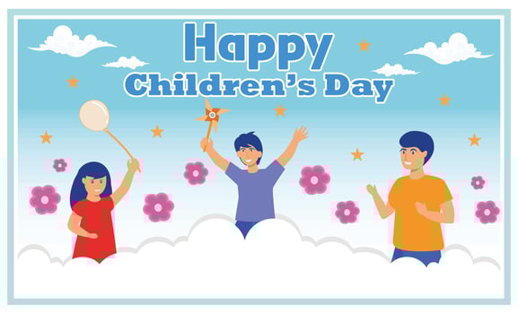 World Children's Day horizontal banner with happy children on clouds. flat modern illustration vector
