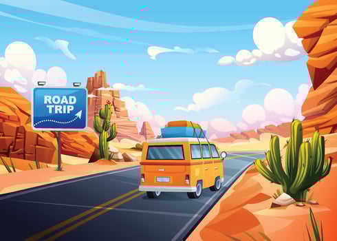 Road trip vacation by car traveling through desert highway with cacti and rocky landscapes. Cartoon illustration vector