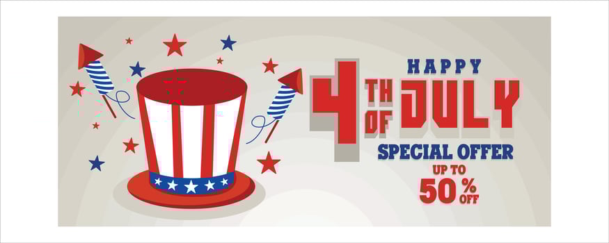 US independence day celebration with American hats and Uncle Sam Fireworks rockets. 4th of July promotion advertising banner template. flat modern illustration vector
