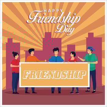 Happy international friendship day greeting card, back view of friends group. flat modern illustration vector