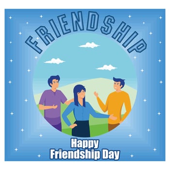 Happy friendship day greeting card with young people hugging each other. Group of friends celebrating together. flat modern illustration vector