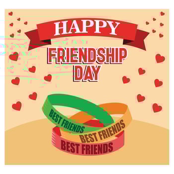 Friendship Day greeting card, happy friendship holiday. Three rubber bracelets for friends yellow, pink and green. flat modern illustration vector
