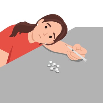 Young addicted girl needs doctor help to stop using antidepressants and narcotic substances. vector