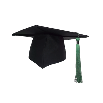 Black graduation cap with green trim and tassel isolated on transparent background, png