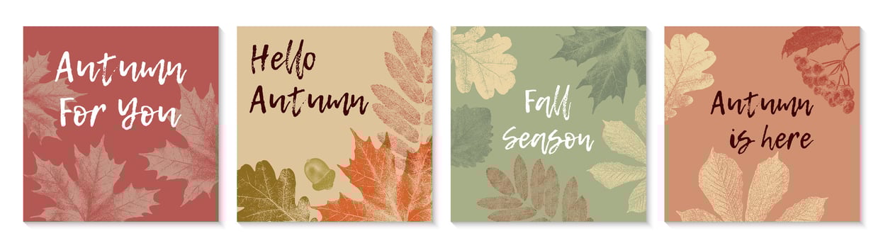 Abstract greeting cards with autumn leaves. Autumn backgrounds with grainy photocopy effect. Templates for posters, banners, web, social media. vector