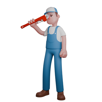 Automotive Expert 3D. A mechanic carefully inspects a pipe wrench. Mechanic Cartoon png
