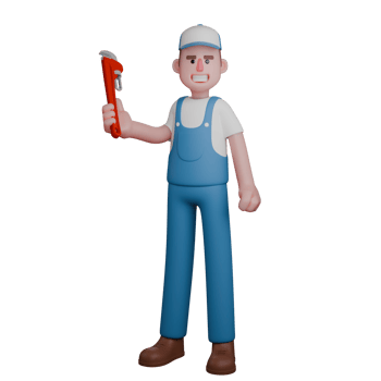 Male Mechanic in 3D. A mechanic stands with a confident expression, holding a pipe wrench in his right hand. Workshop Scene png