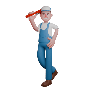 3D Cartoon Mechanic. A mechanic stands casually, holding a pipe wrench in his right hand while resting his left hand on his waist. Automotive Expert png
